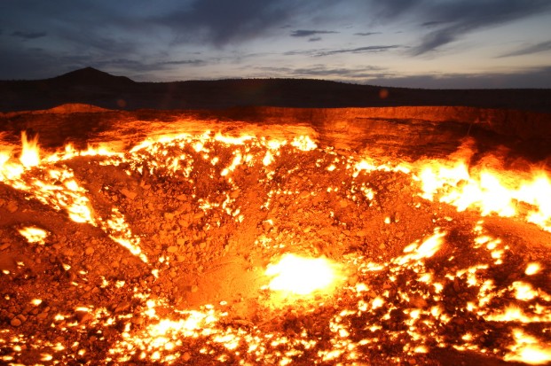 Darvaza Gas Crater Door to Hell burning at night - Turkmenistan Private Tours